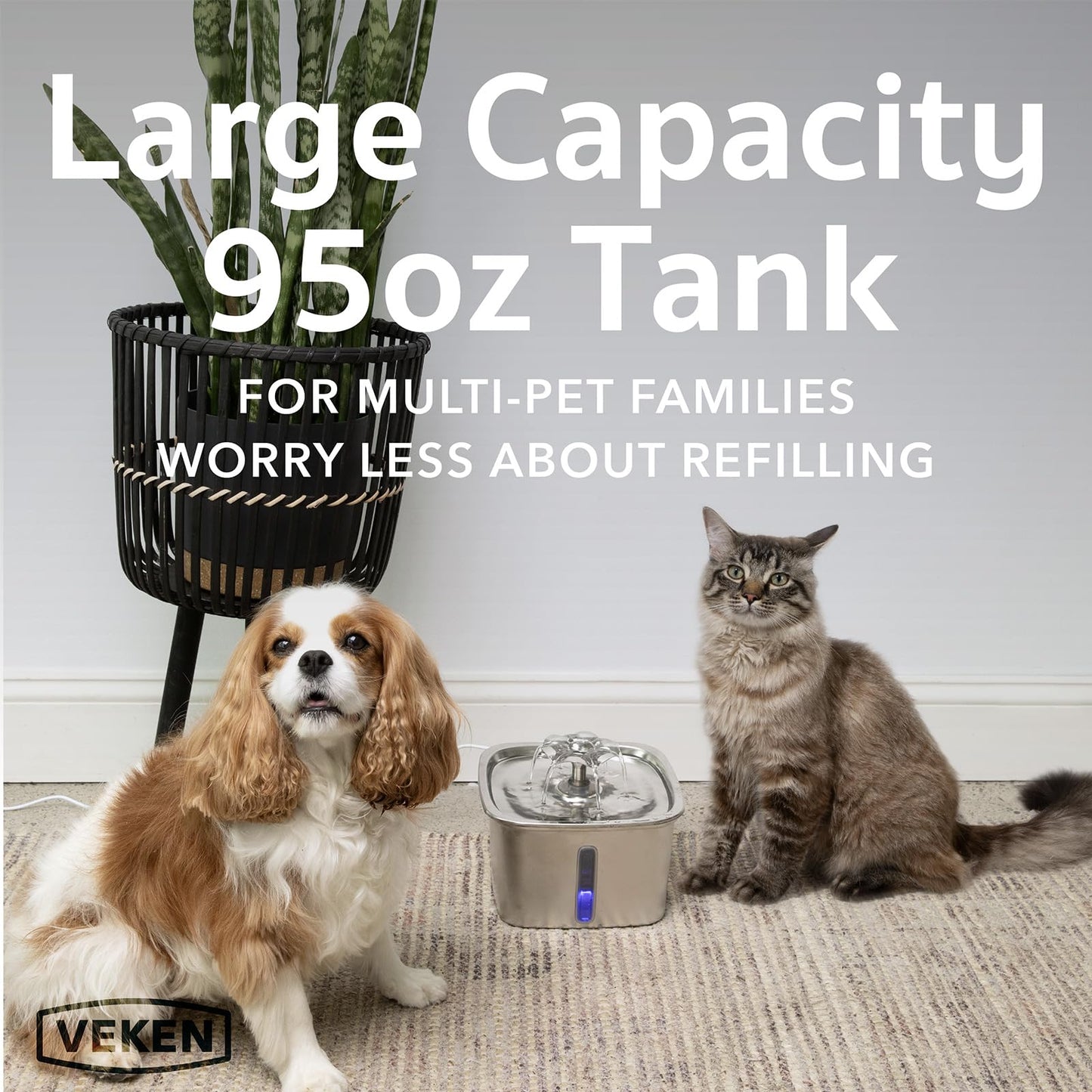 Veken 95oz Stainless Steel Cat Water Fountain – Award-Winning Automatic Pet Dispenser with Filters & Mat – Silver