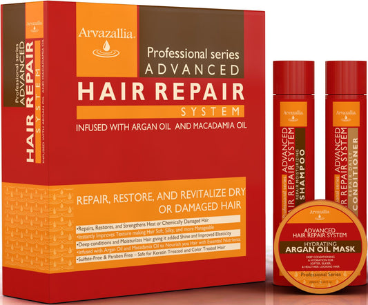 Advanced Hair Repair Shampoo, Conditioner and Deep Conditioner Mask System Set for Dry or Damaged Hair with Argan and Macadamia Oil by Arvazallia