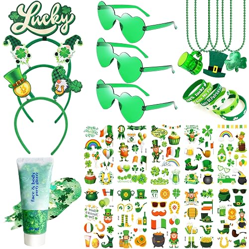 QVAIVE 117 Pcs St Patricks Day Accessories Party Favor Set with Custom Shamrock Glitter Gel,Glasses,Headbands,Bracelets,Necklaces for Irish Parades
