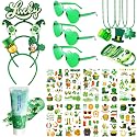 QVAIVE 117 Pcs St Patricks Day Accessories Party Favor Set with Custom Shamrock Glitter Gel,Glasses,Headbands,Bracelets,Necklaces for Irish Parades