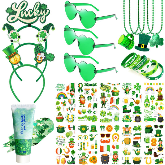 QVAIVE 117 Pcs St Patricks Day Accessories Party Favor Set with Custom Shamrock Glitter Gel,Glasses,Headbands,Bracelets,Necklaces for Irish Parades