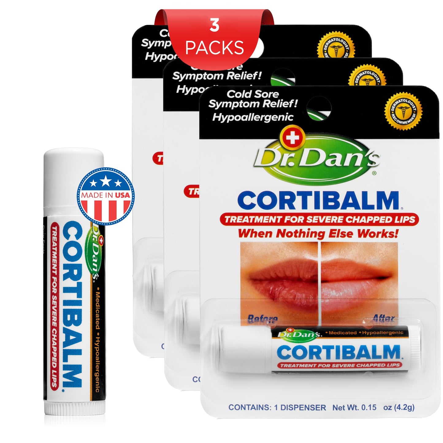 Dr. Dan's Cortibalm-3 Pack- for Dry Cracked Lips. Healing Lip Balm for Severely Chapped Lips - Designed for Men, Women and Children