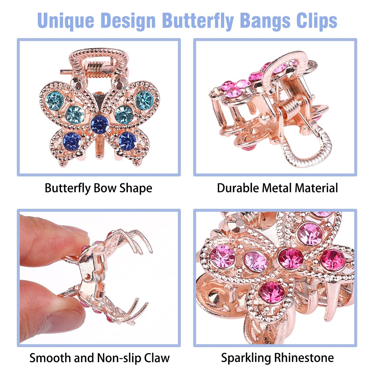 QXUJI 10PCS Rhinestone Hair Claw Jaw Clips, Crystal Metal No-slip Hair Grip Clamps, Mini Butterfly Bangs Clip Bow Hair Claw Gripper, for Women Girls
