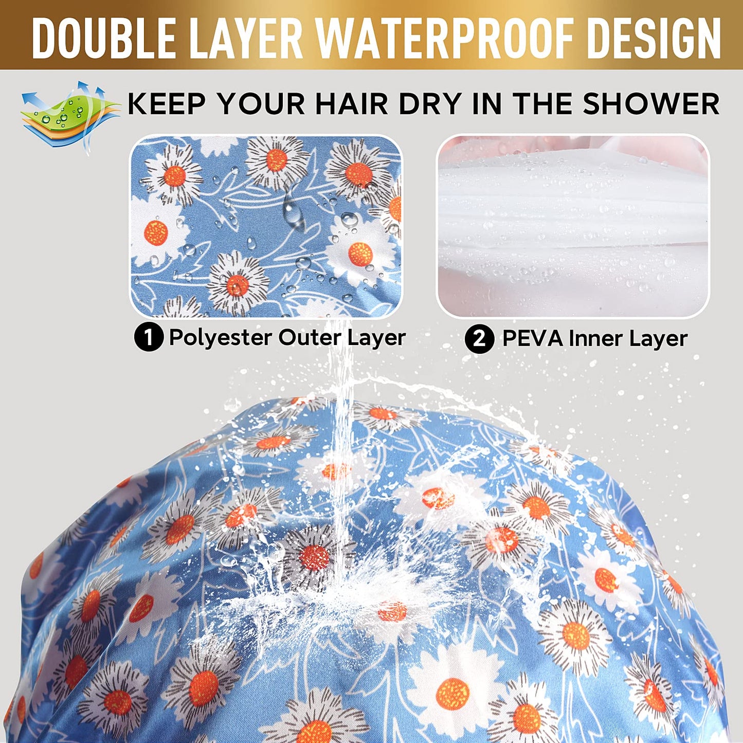 Reusable Shower Cap, Hair Cap, Oversized Waterproof Shower Caps Large Designed for all Hair Lengths with PEVA Lining & Elastic Band Stretch Shower Hat