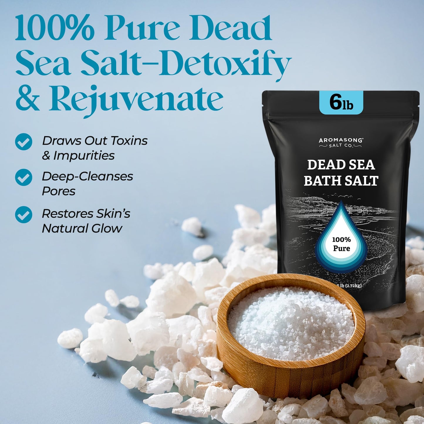 Aromasong Dead Sea Salt Bath Soak 6 Lbs. Bulk Pack - 100% Natural Dead Sea Salts for Soaking, Relaxation, and Detoxification of Skin, Dead Sea Salts