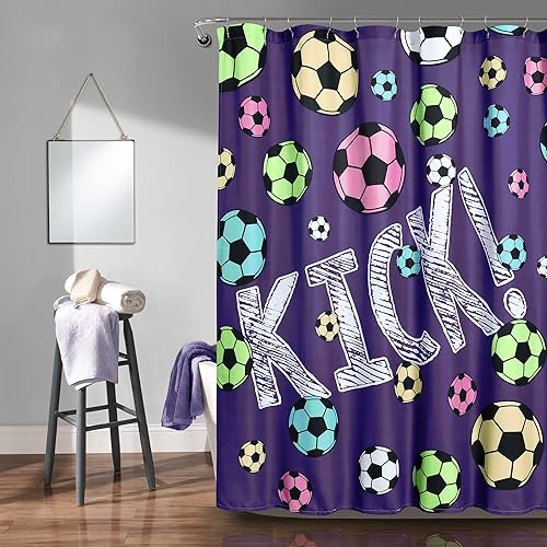 Lush Decor Girls Soccer Kick Shower Curtain, 72" x 72", Purple