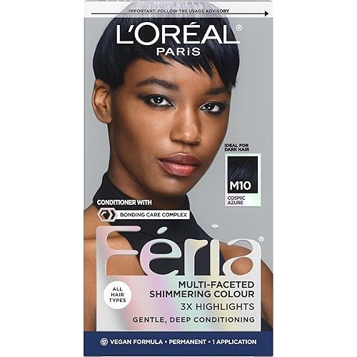 L’Oreal Paris Feria Midnight Bold Multi-Faceted Permanent Hair Dye, One-Step Hair Color Kit for Dark Hair, No Bleach Required, Cosmic Azure