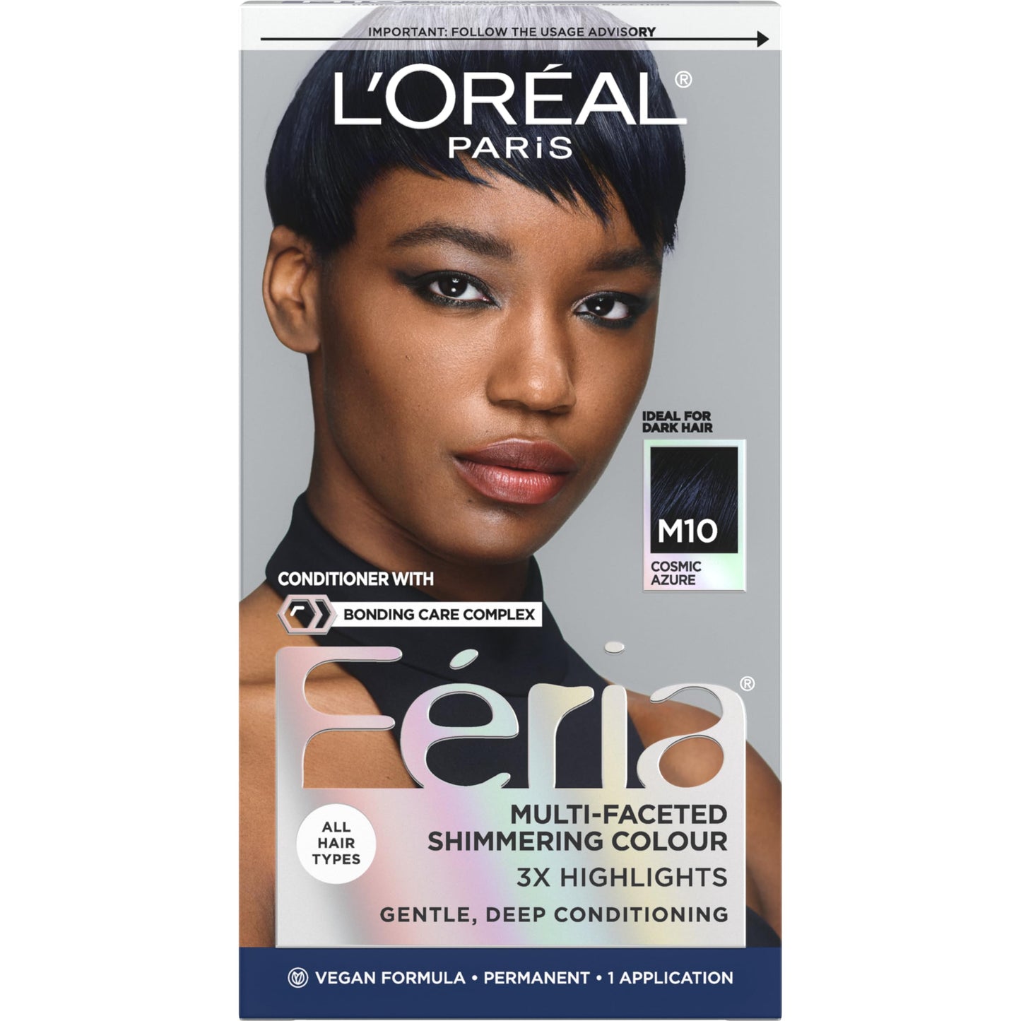 L’Oreal Paris Feria Midnight Bold Multi-Faceted Permanent Hair Dye, One-Step Hair Color Kit for Dark Hair, No Bleach Required, Cosmic Azure