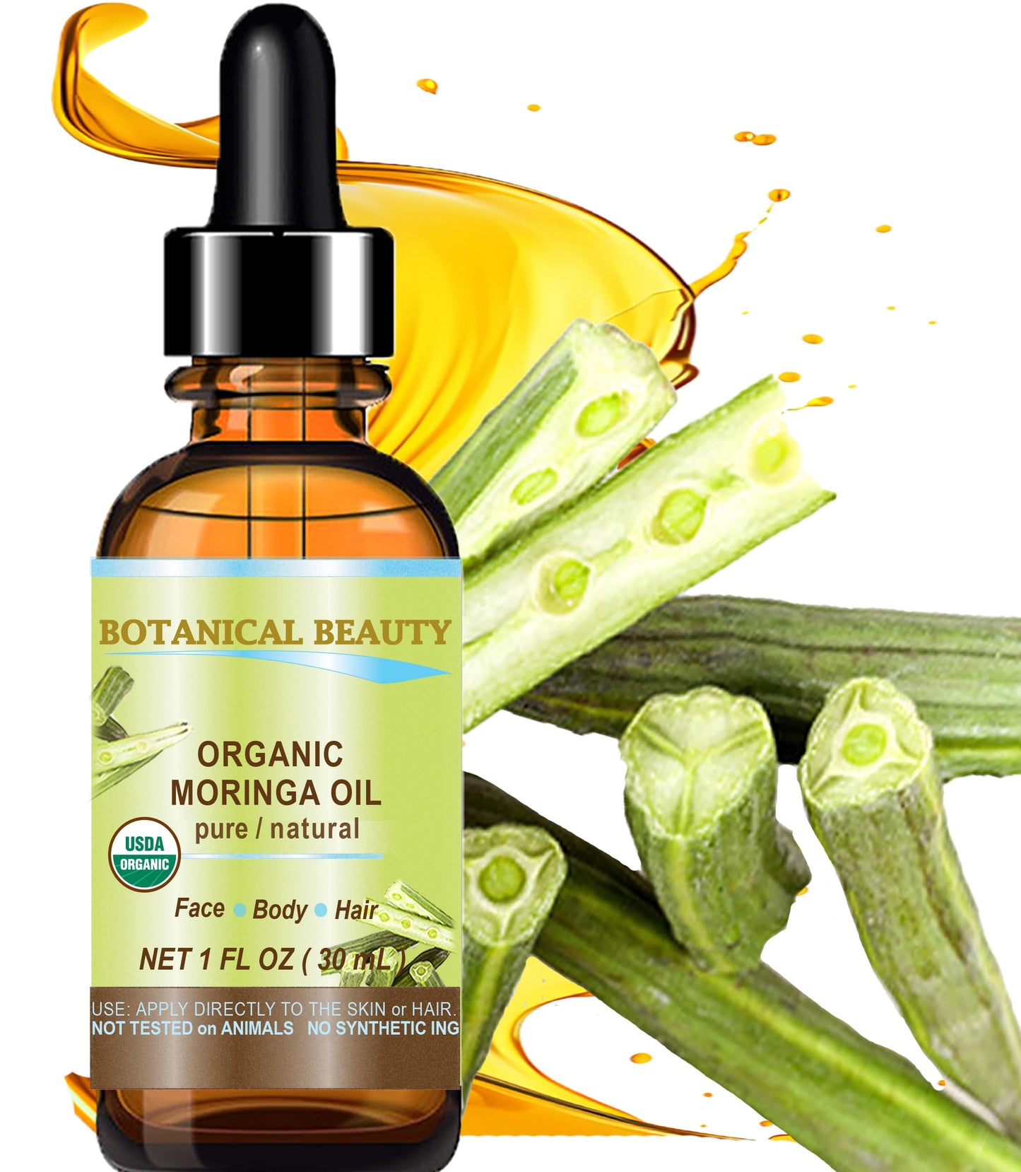 Botanical Beauty Organic Moringa Oil 100% Pure Natural Undiluted 1 Fl.oz.- 30 ml. for Face Skin, Hair, Lips, Body, Nails Rich in Vitamin C, Vitamin E