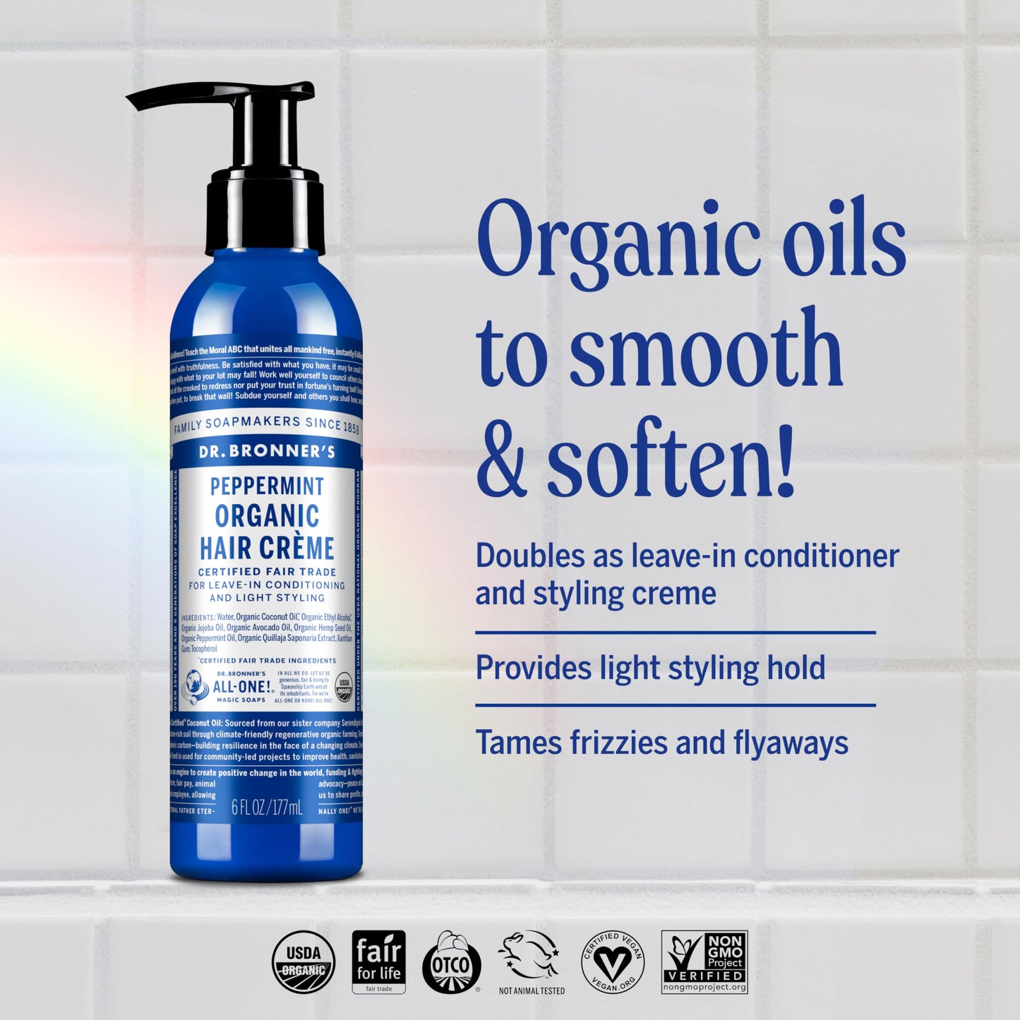 Dr. Bronner's - Organic Hair Crème (Peppermint, 6 Ounce, 2-Pack) - Leave-In Conditioner and Styling Cream, Made with Organic Oils, Hair Cream Supports