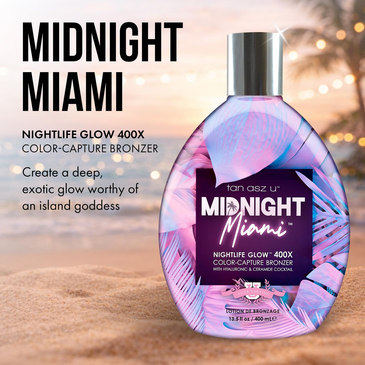 Tan Asz U Midnight Miami Tanning Lotion, Nightlife Glow 400X Color Capture Bronzer Tanning Lotion with Hyaluronic & Ceramides, 13.5 Fl Oz
