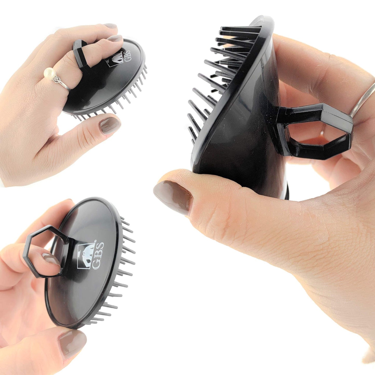 G.B.S Head Shampoo Scalp Massager Brush and Soft Palm Pocket Comb for All Hair Types, Pack of 3 (1 Black and 2 Gray) Made in U.S.A
