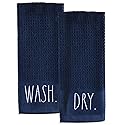Rae Dunn Set of Hand Towels for Kitchen and Bathroom, 100% Cotton, Embroidered Dish Towels, Decorative Hand Towels, Navy- Wash/Dry, 2 Pack
