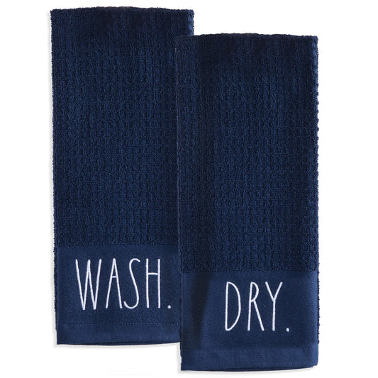 Rae Dunn Set of Hand Towels for Kitchen and Bathroom, 100% Cotton, Embroidered Dish Towels, Decorative Hand Towels, Navy- Wash/Dry, 2 Pack