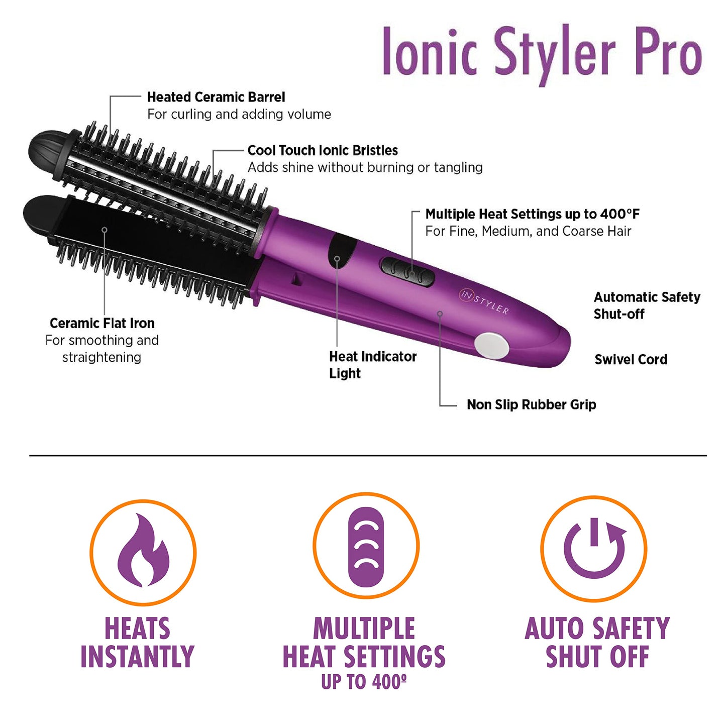 Instyler Pro Hair Straightener, 2 in 1 Ceramic Flat Iron Hair Straightener & Hot Brush for Added Volume and Waves, Auto Safety Shut Off, Cool Touch