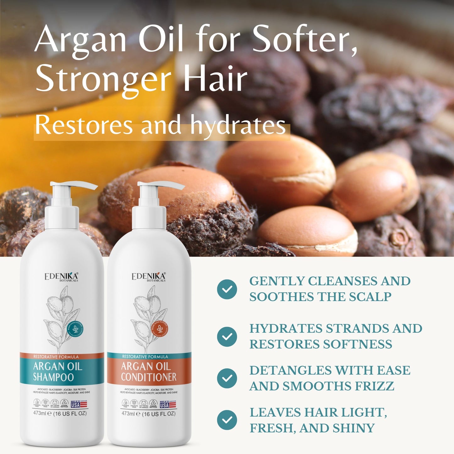Edenika Botanicals Argan Oil Shampoo and Conditioner Set with Biotin, Repairs Dry & Damaged Hair, Deeply Hydrating & Nourishing, Women & Men
