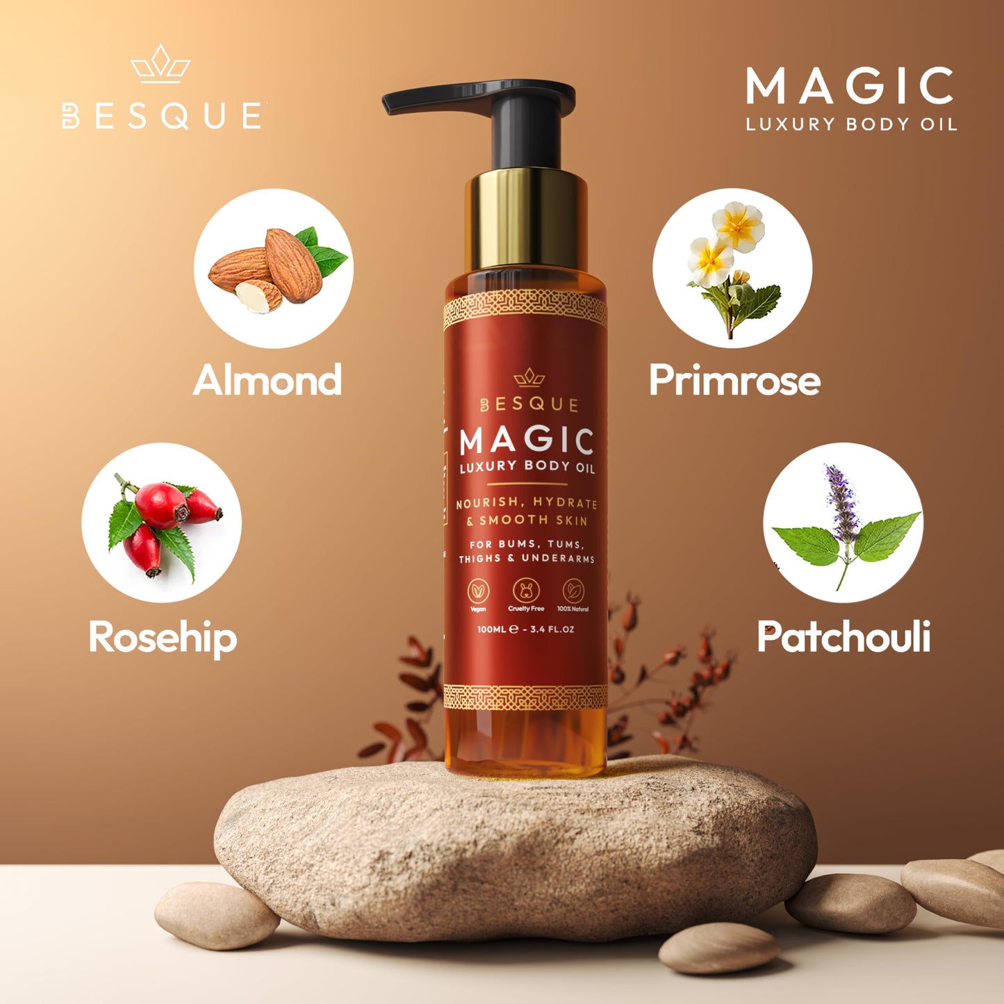 Besque Magic Body Oil, 3.4 FL OZ, After Shower Body Oil For Women, Hydrating Skin Care For Full Body That Plumps, Tightens, and Firms Skin Beauty and Personal Care Besque