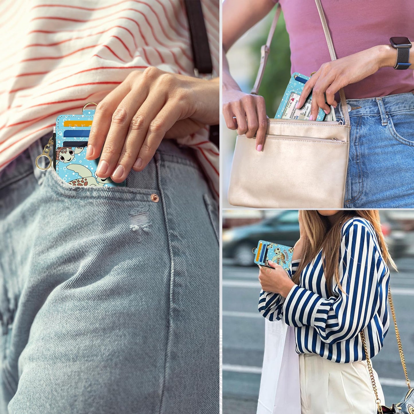 datoucat slim wallet credit card holder, sea turtles, rfid women cute small front pocket with zipper, pu leather thin travel blocking case id…