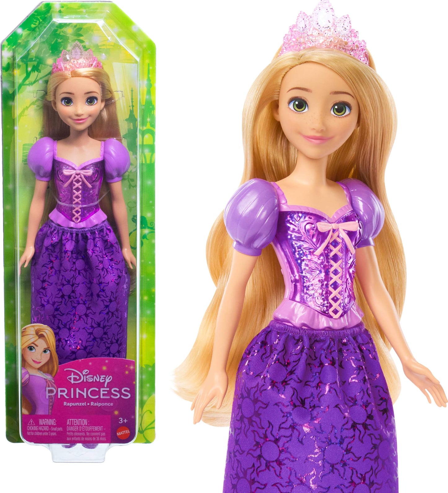 Mattel Disney Princess Toys, Rapunzel Fashion Doll, Sparkling Look with Blonde Hair, Blue Eyes & Tiara Accessory, Inspired by the Movie Tangled