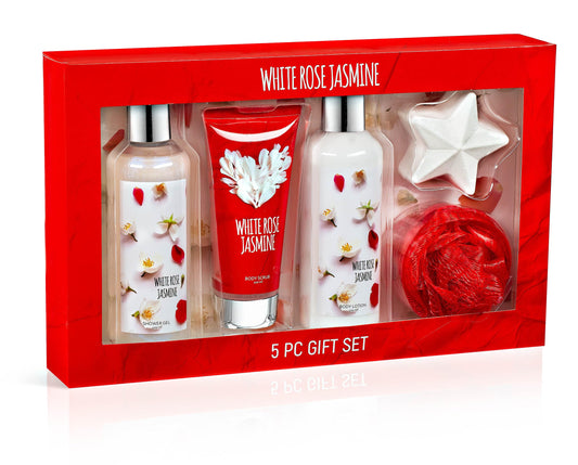 Fragrance Bath & Body Collection Gift Box, Includes Shower Gel, Body Lotion, Body Scrub, Bath Bomb & Sponge (White Rose Jasmine) Beauty and Personal Care Freida and Joe