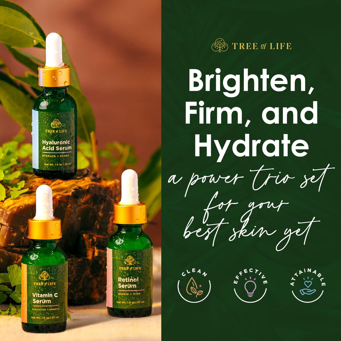 Tree of Life Beauty Facial Skin Care Set, Brightening, Firming, Hydrating, Dry Face, Dermatologist Tested - Trio Power Kit, Vitamin C, Retinol