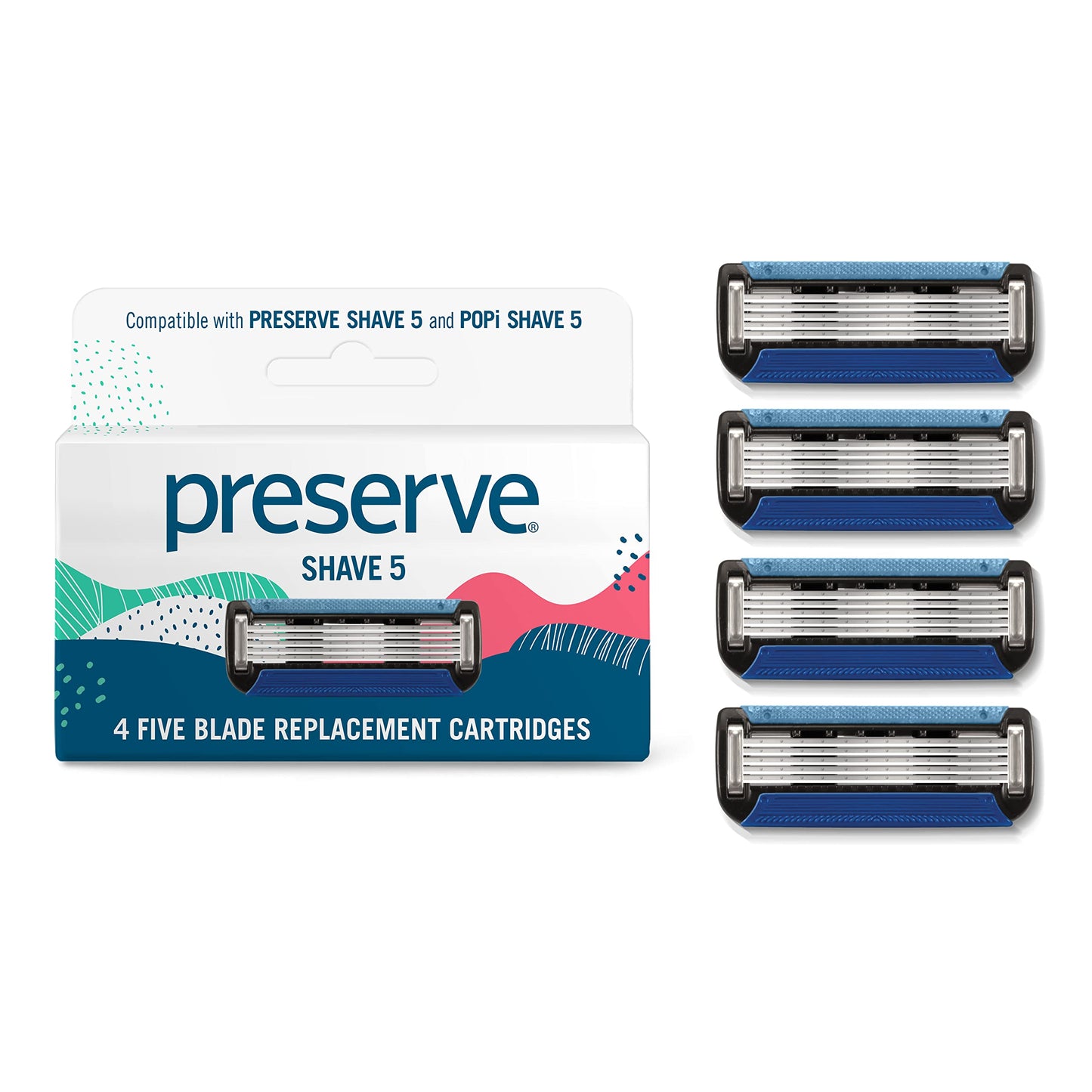 Preserve Shave 5 Razor Blades Refills - 5 Blade Razors for Men & Women - Ceramic Coated Shavers for Comfort with Aloe-Cocoa Butter Strip - Reusable