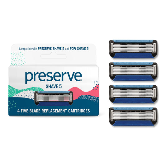 Preserve Shave 5 Razor Blades Refills - 5 Blade Razors for Men & Women - Ceramic Coated Shavers for Comfort with Aloe-Cocoa Butter Strip - Reusable