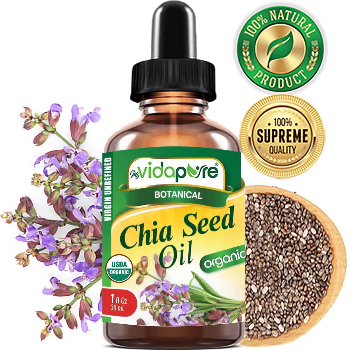 MYVIDAPURE Organic CHIA SEED OIL Certified Organic 100% Natural Pure VIRGIN UNREFINED Undiluted Cold Pressed Carrier Oil for Face Skin Body Hair Lip