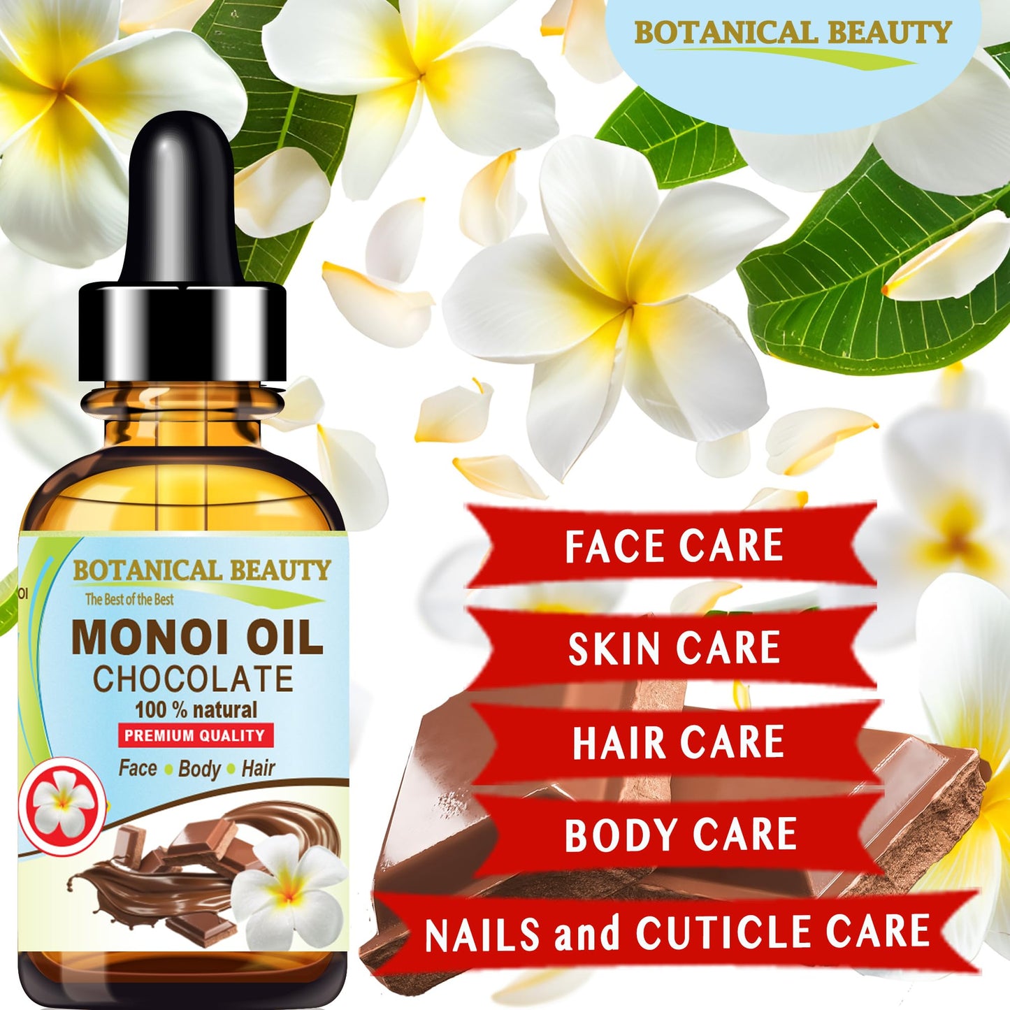 Botanical Beauty MONOI OIL Chocolate. Frangipani flowers in Coconut Oil with Chocolate aroma. 100% Natural Pure for FACE, SKIN, BODY, HAIR, NAILS