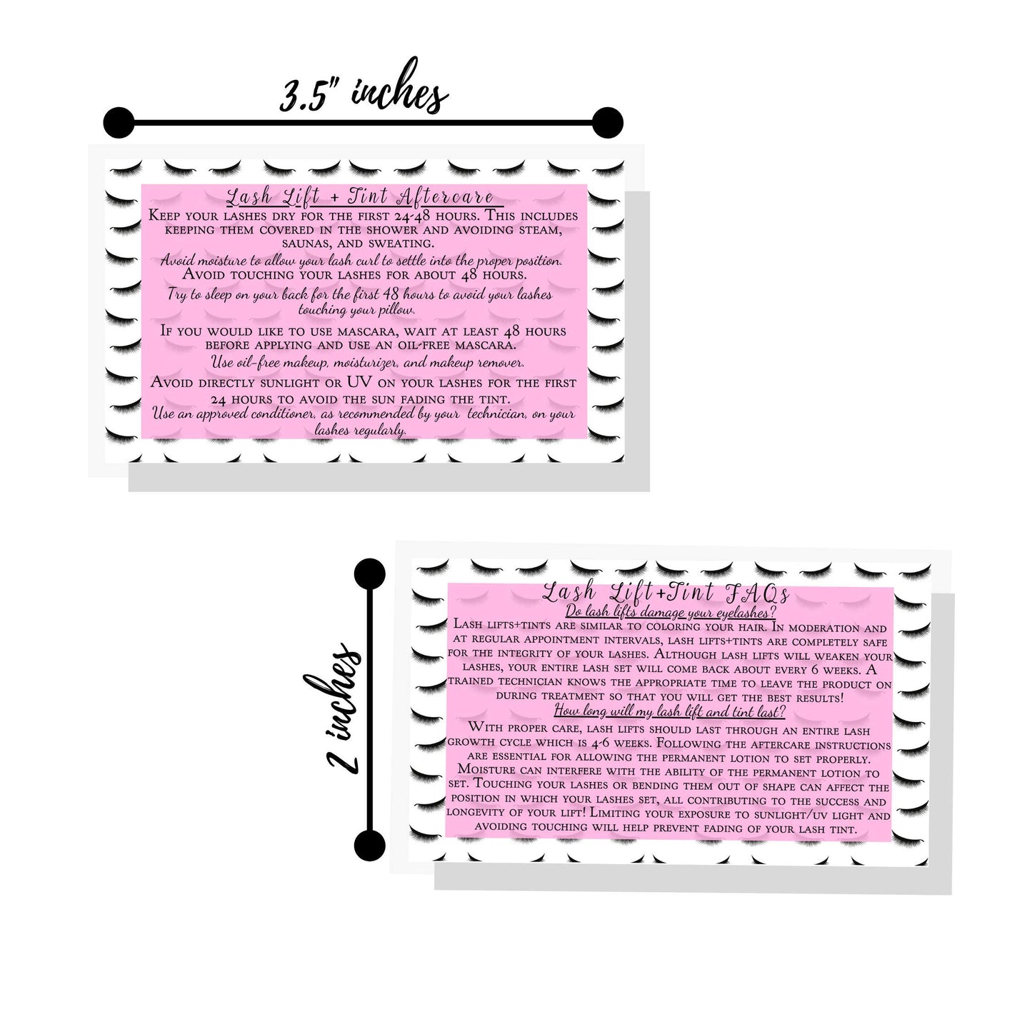 Lash Lift + Tint Aftercare Instruction Cards | 50 Pack | 2 x 3.5” inches Business Card Size | Eyelash Lift and Tint Kit at home diy aftercare supplies