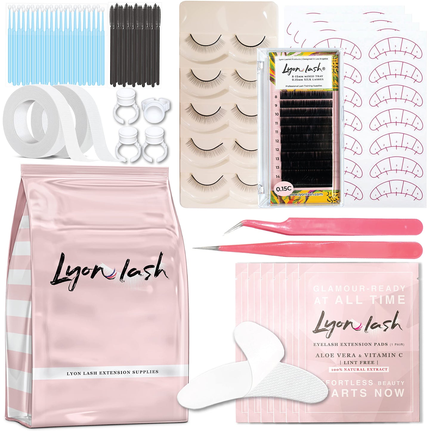 Lyon Lash Eyelash Extension Supplies 4x100 Packs - 100 Pairs Under Eye Gel Pads | 100 Disposable Mascara Brushes Wands | 100 Micro Applicators Brush |
