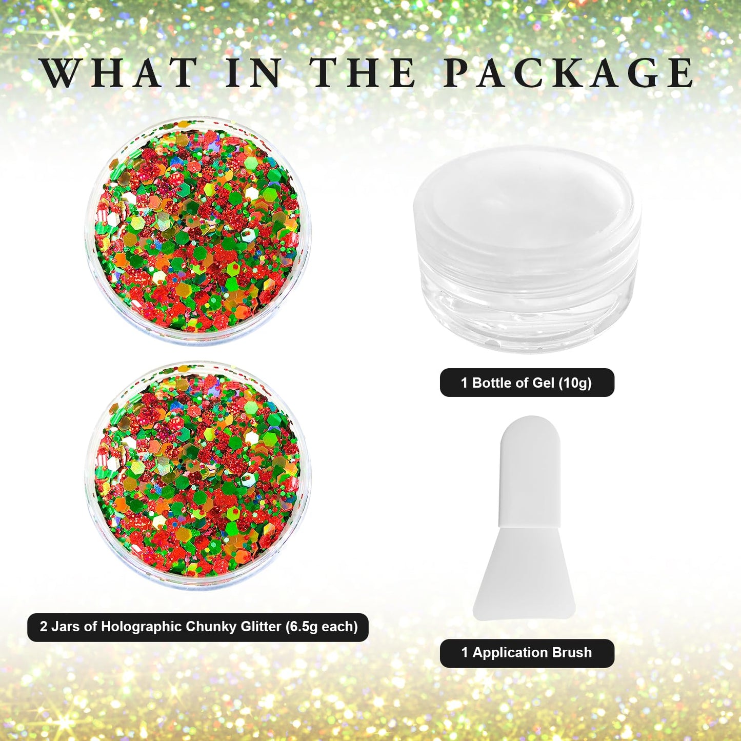 Red Green Gold Mixed Holographic Chunky Glitter, 13g (2 Jars x 6.5g) Crafts Glitter Powder with 10g Gel and Brush, Christmas Iridescent Nail Sequins
