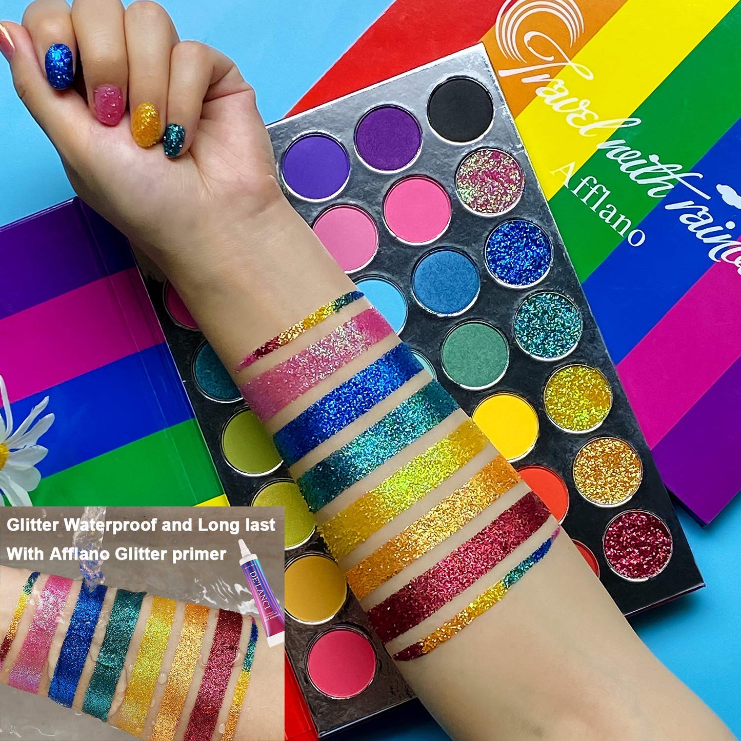 Afflano Rainbow Eyeshadow Palette Matte Shimmer Pressed Glitter, Pigmented Colorful Eye Shadow Pallets, Pink Red Orange Yellow Green Blue Purple 35