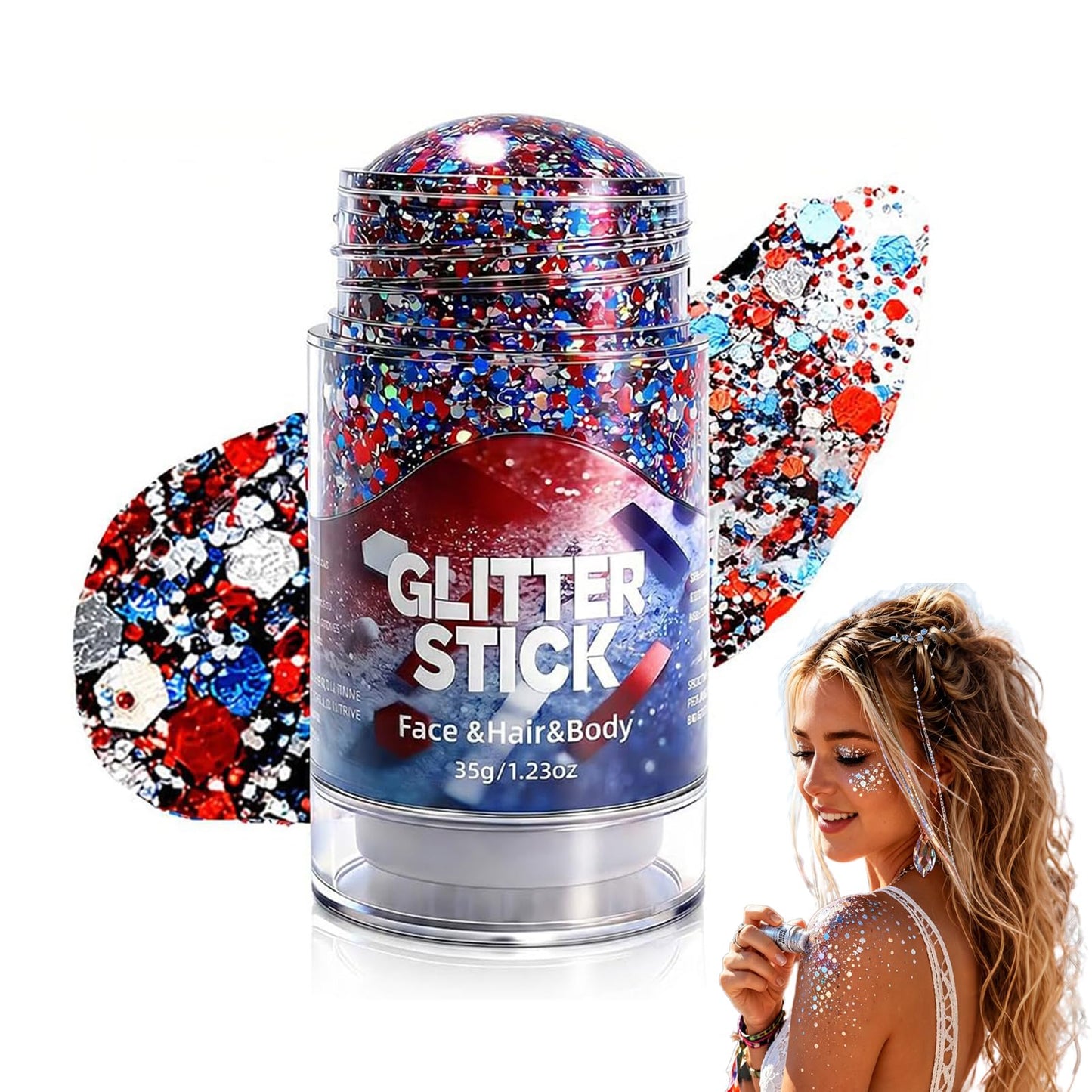 4th of July Glitter Stick, 2026 Red White and Blue Glitter Stick for Hair & Body, Fourth of July Glitter Sticks for Independence Day Parties