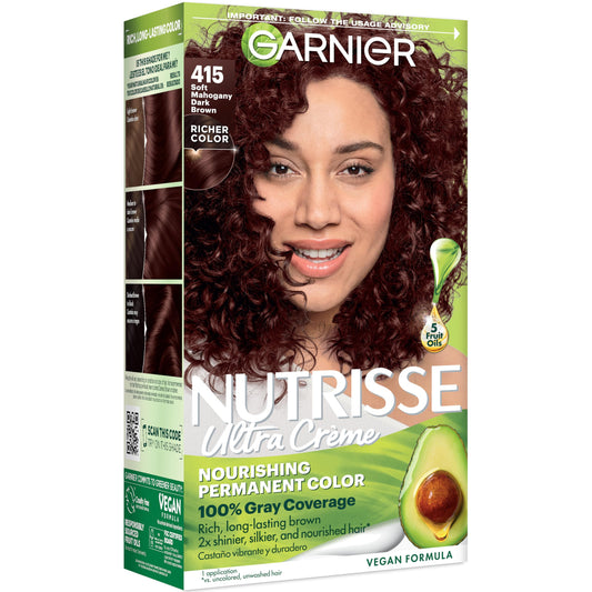 Garnier Nutrisse Ultra Crème Hair Color, Permanent Hair Dye with 100% Gray Coverage, Vegan & Cruelty-Free, 415 Soft Mahogany Dark Brown (Raspberry Beauty & Personal Care Garnier
