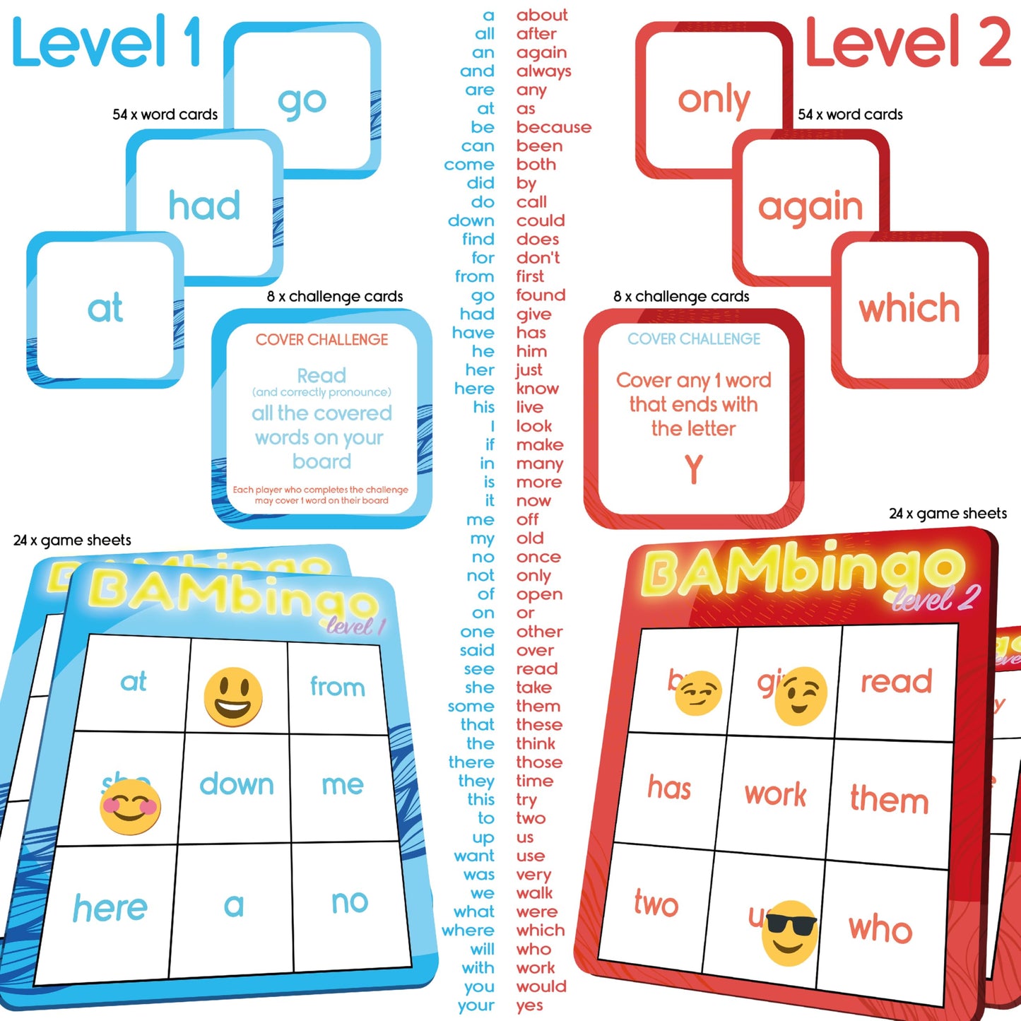 THE BAMBINO TREE Sight Word Bingo Game | Level 1 & 2 Educational Vocabulary Game | Learn to Read Dolch & Fry Word Lists for K–1st Grade
