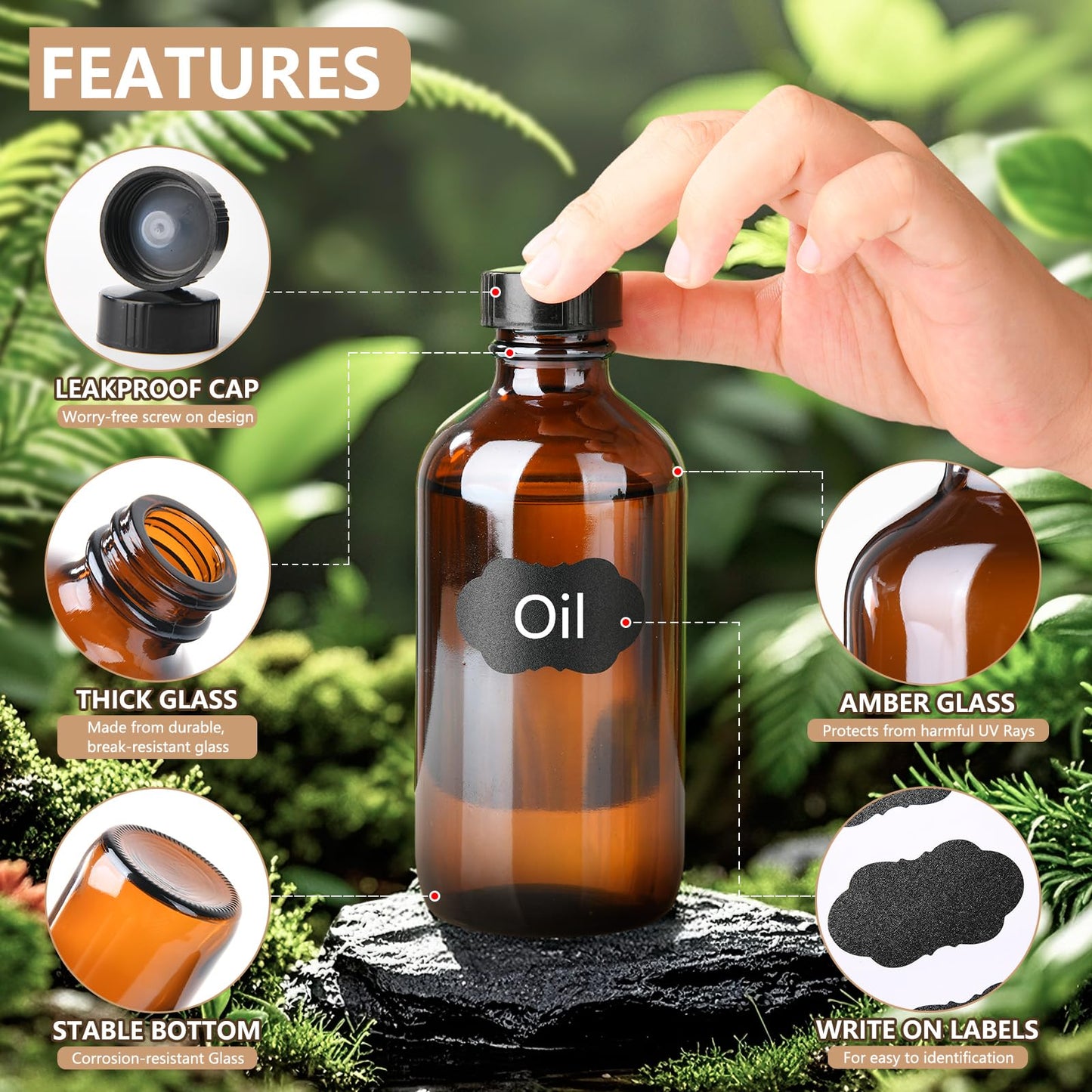 BPFY 12 Pack 8 oz Amber Glass Boston Bottle With Black Poly Cap, Funnel, Chalk Labels, Pen, Dispensing Bottles for Homemade Vanilla Extract, Essential