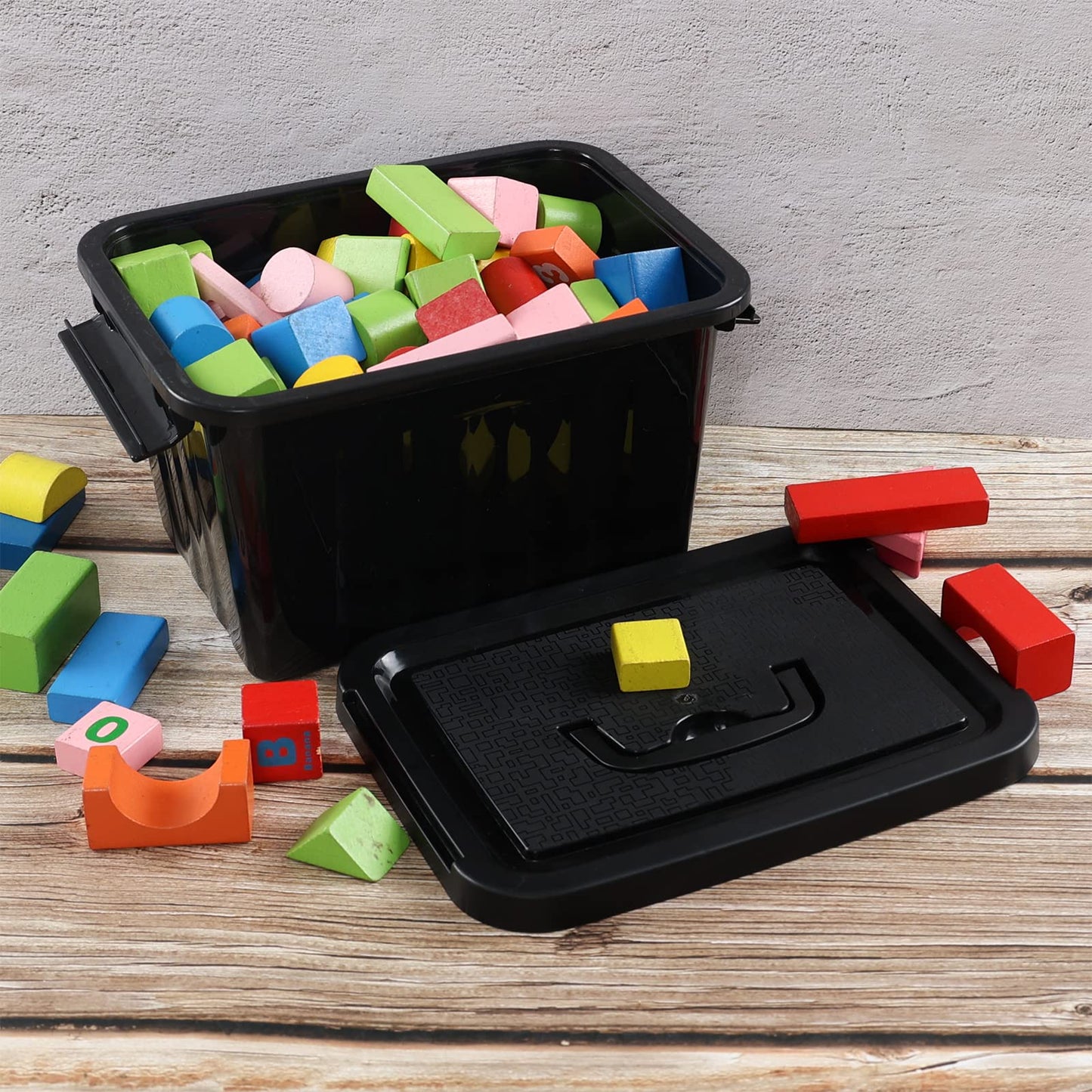 Kiddream Plastic Black Storage Bins with Handles, 6 Quart Latch Storage Boxes Set of 6