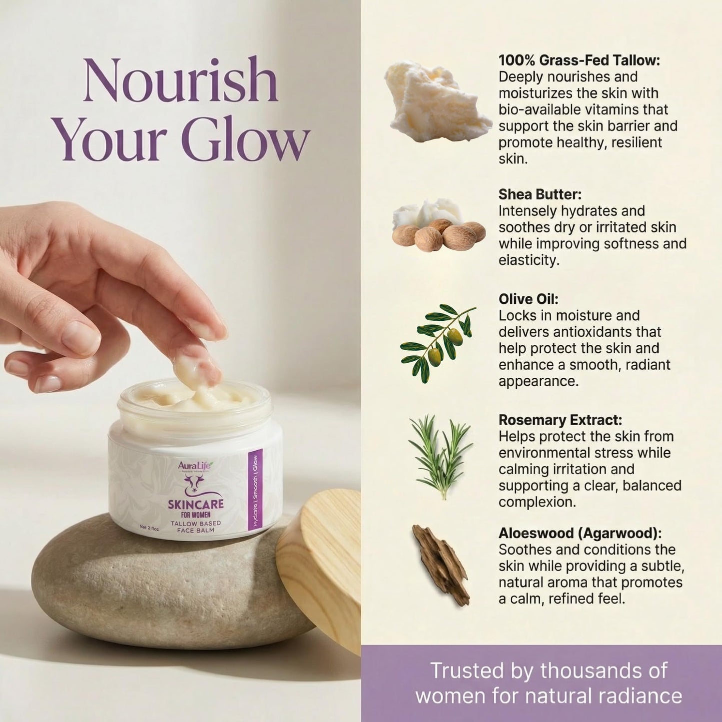 Organic Grass-Fed Beef Tallow for Skin |Hydrating Face & Body Moisturizer with shea butter | Handmade All-Natural moisturizer| Rosemary and Aloeswood