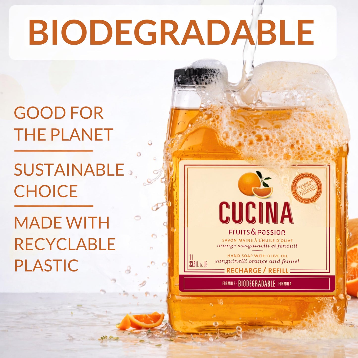 Cucina Fruits & Passion Sanguinelli Orange & Fennel Kitchen Hand Soap Refill, 1L Each - 2 Pack | Biodegradable, Cold-Pressed Olive Oil, Vegan, Made in