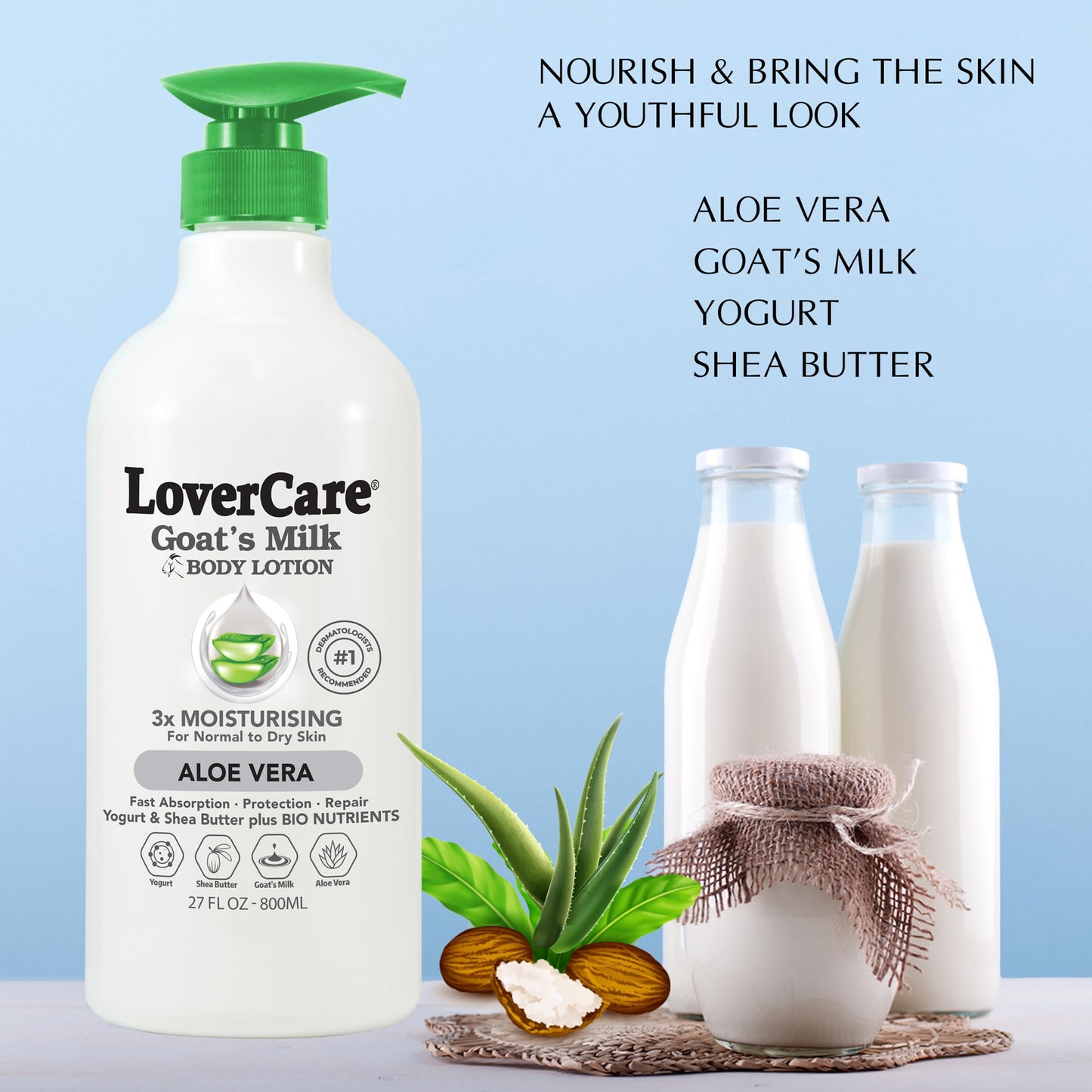 Lovercare Goat Milk Body Lotion for Dry Skin Aloe Vera 27.05 oz (800ml) - Single…