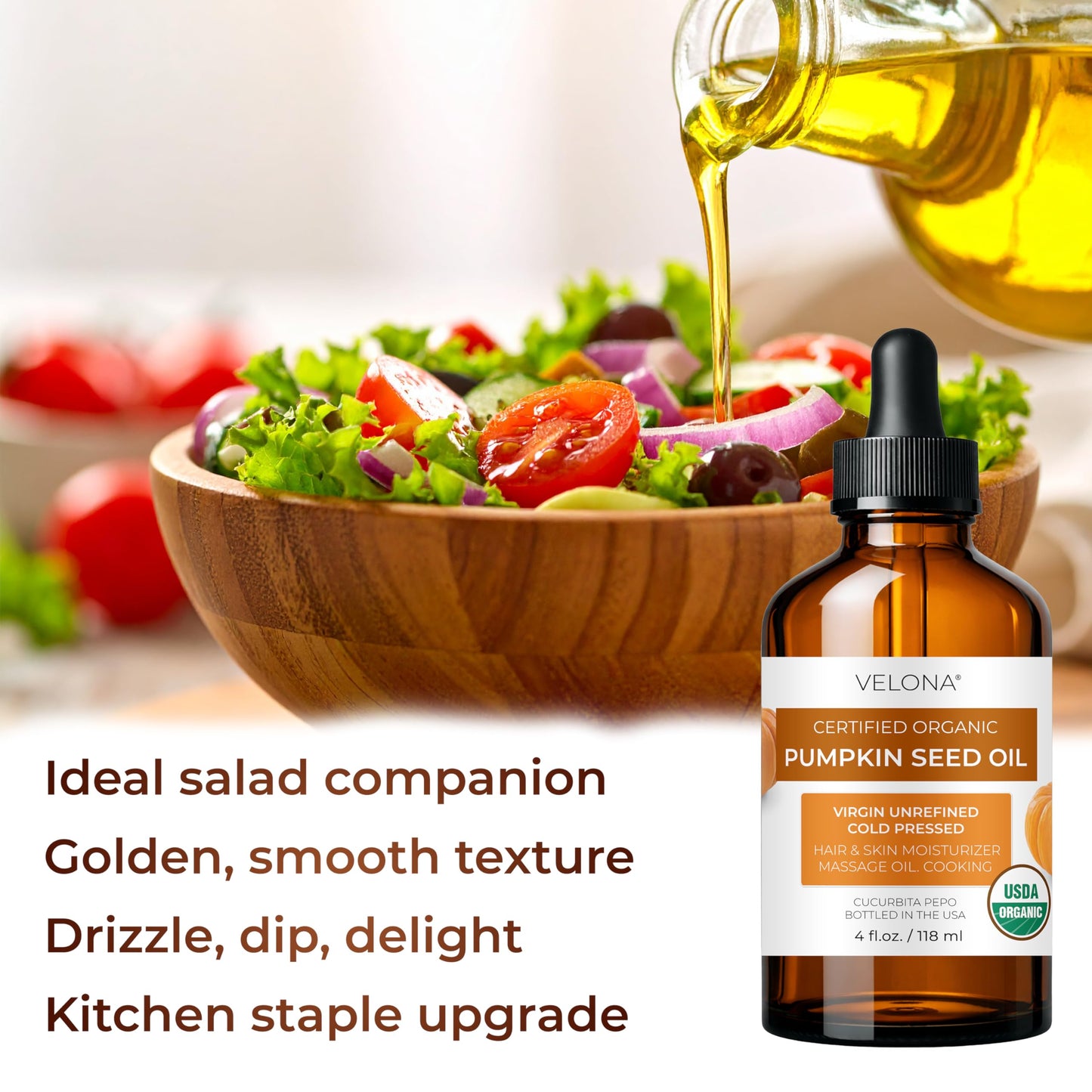velona Pumpkin Seed Oil USDA Certified Organic - 4 Fl Oz | 100% Pure and Natural Carrier Oil | Unrefined, Cold Pressed | Cooking, Face, Hair, Body