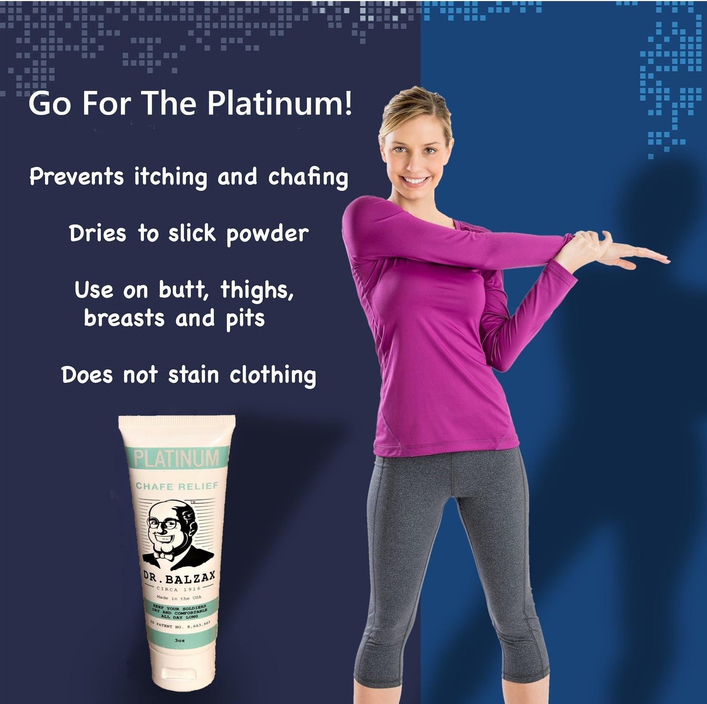 Dr. Balzax Platinum Prevents Skin Chafing & Irritation. Trusted Protection. An Anti-Chafe Cream for Long Lasting Chafing Protection. Non Sticky. Quick