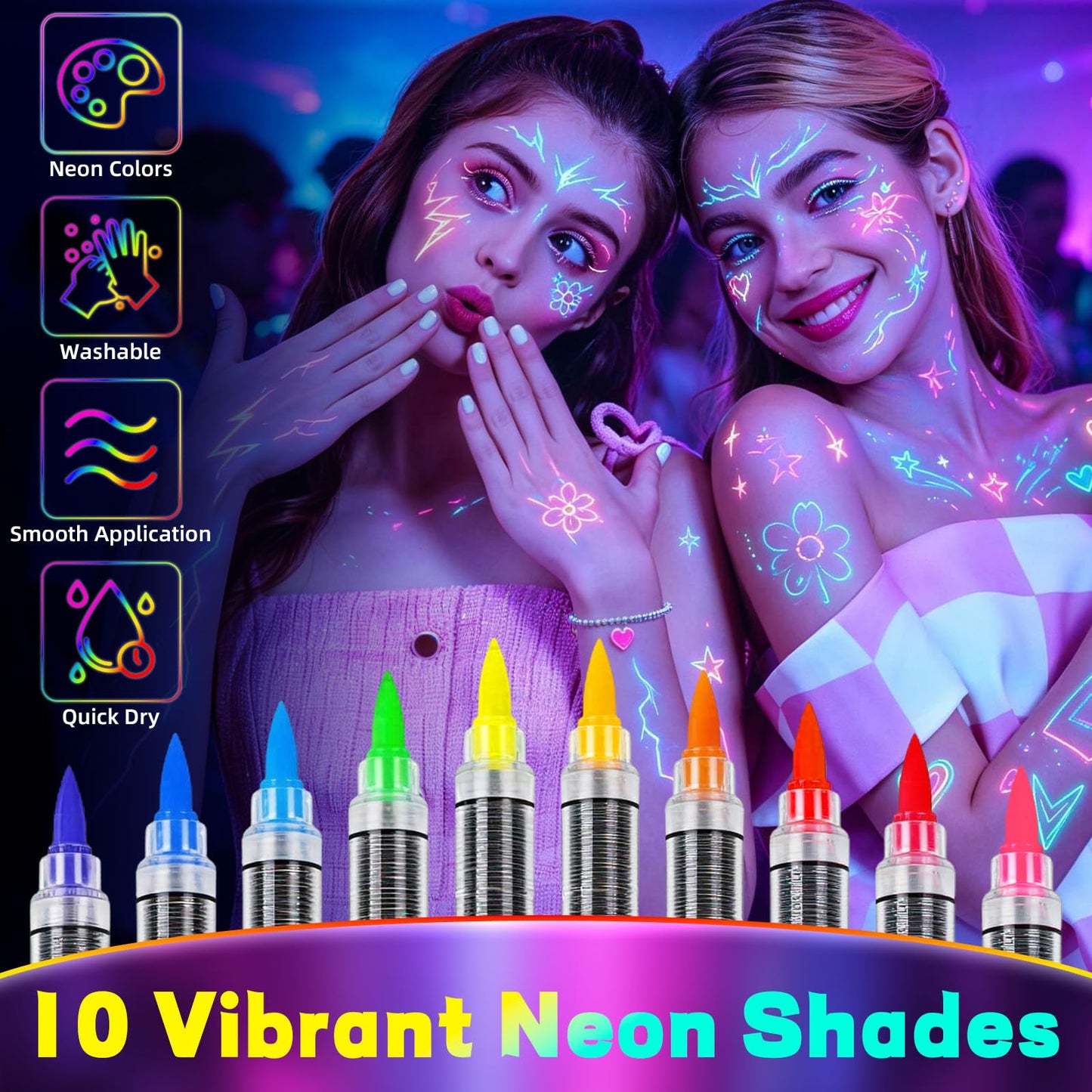 10 Colors Glow in the Dark Body Paint Markers, Neon Face & Body Paint Set, UV Light Reactive Paint for Parties, Halloween, Cosplay, Washable Paint