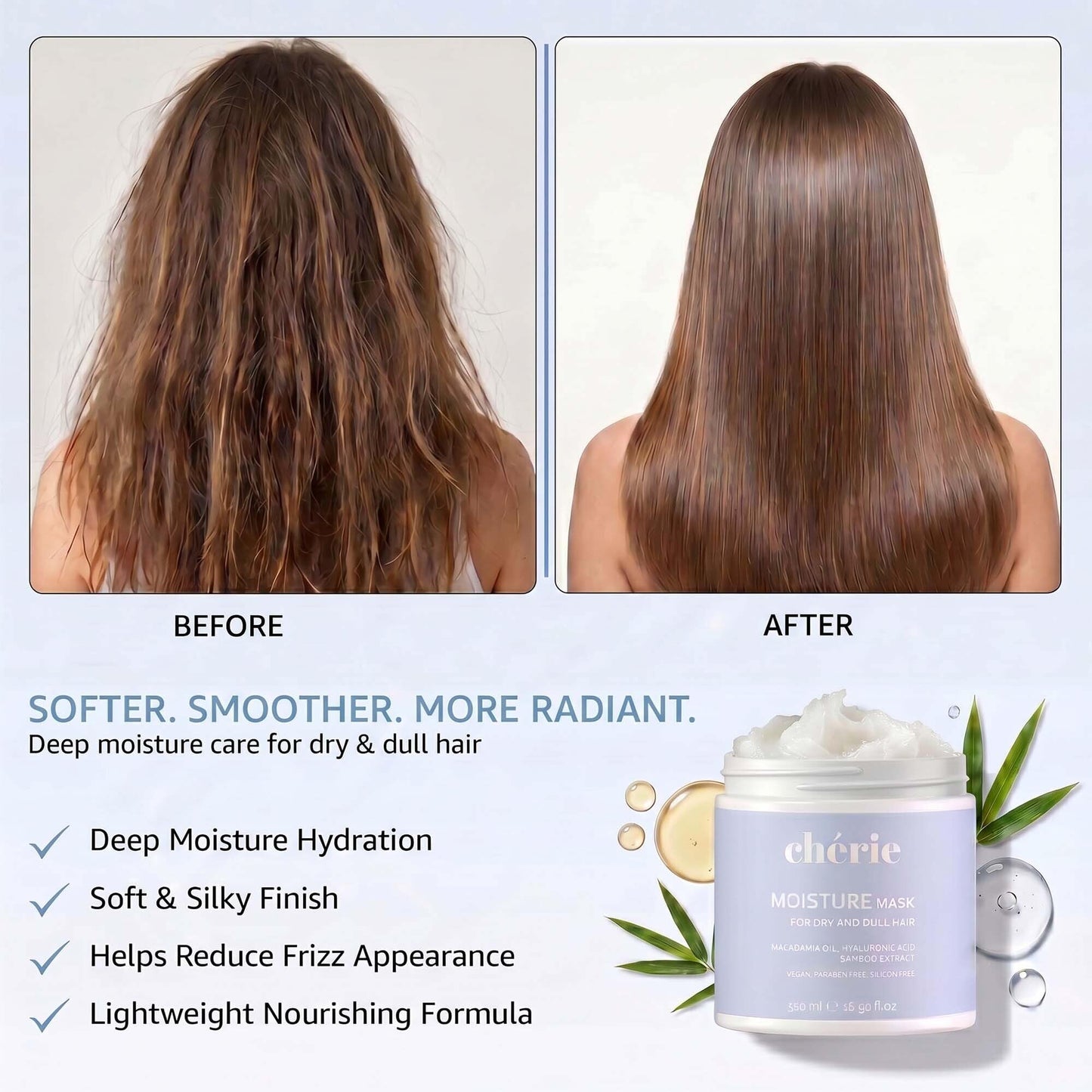 chérie Deep Conditioning Hair Mask with Macadamia Oil, Hyaluronic Acid & Bamboo Extract - Hydrating Hair Mask to Reduce Frizz & Breakage