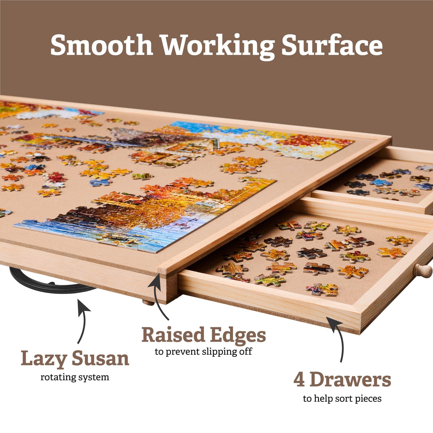 1500 Piece Rotating Puzzle Board – Wooden Jigsaw Table with 6 Storage Drawers & Cover, Family Game Night Puzzle Organizer