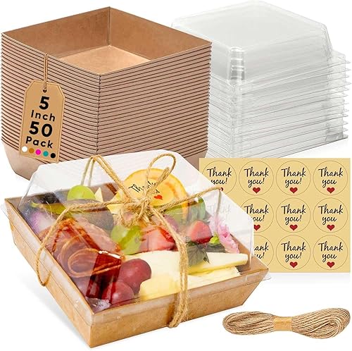 Leafiew 50 Pack Small Charcuterie Boxes with Clear Lids - To Go Paper Mini Charcuterie Box, Disposable Food Containers, 5Inch Dessert Boxes…