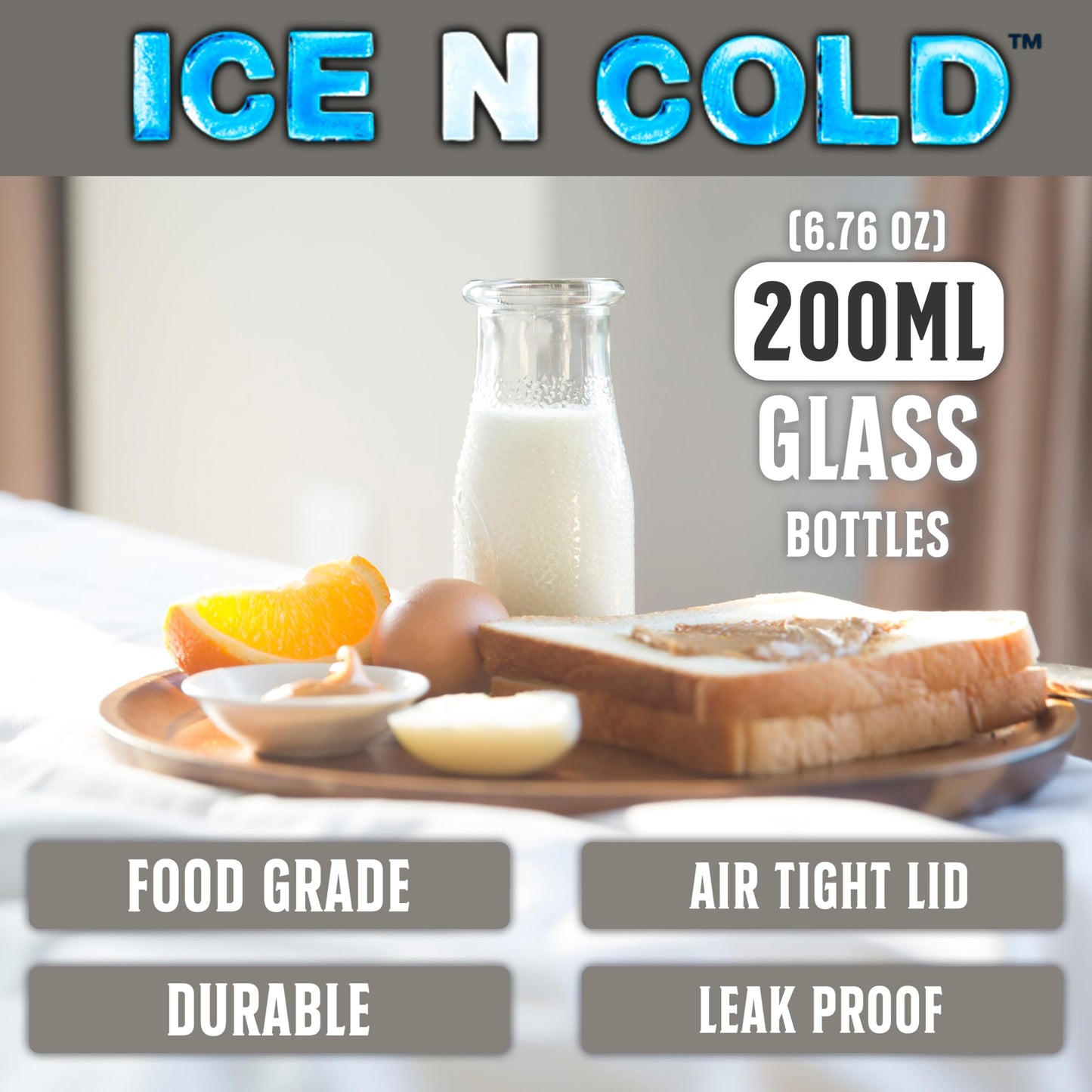 ICE N COLD 6.76 oz / 200ml Vintage Glass Bottle with Leakproof Clear Lid, Reusable & Eco-Friendly - Ideal for Milk, Juices, Smoothies, Infused Water