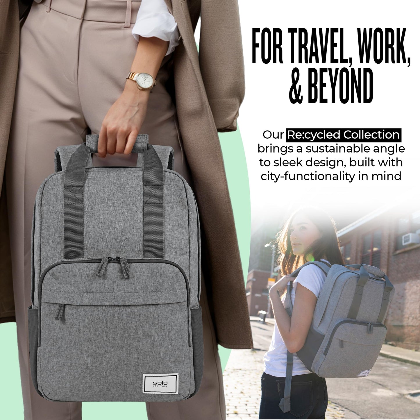 Solo New York Laptop Backpack for Women & Men -Carry On Bookbag for Travel & Work, Lightweight Bag, Side Mesh Pockets, Fits 15.6" Computer - Re:Claim, Grey