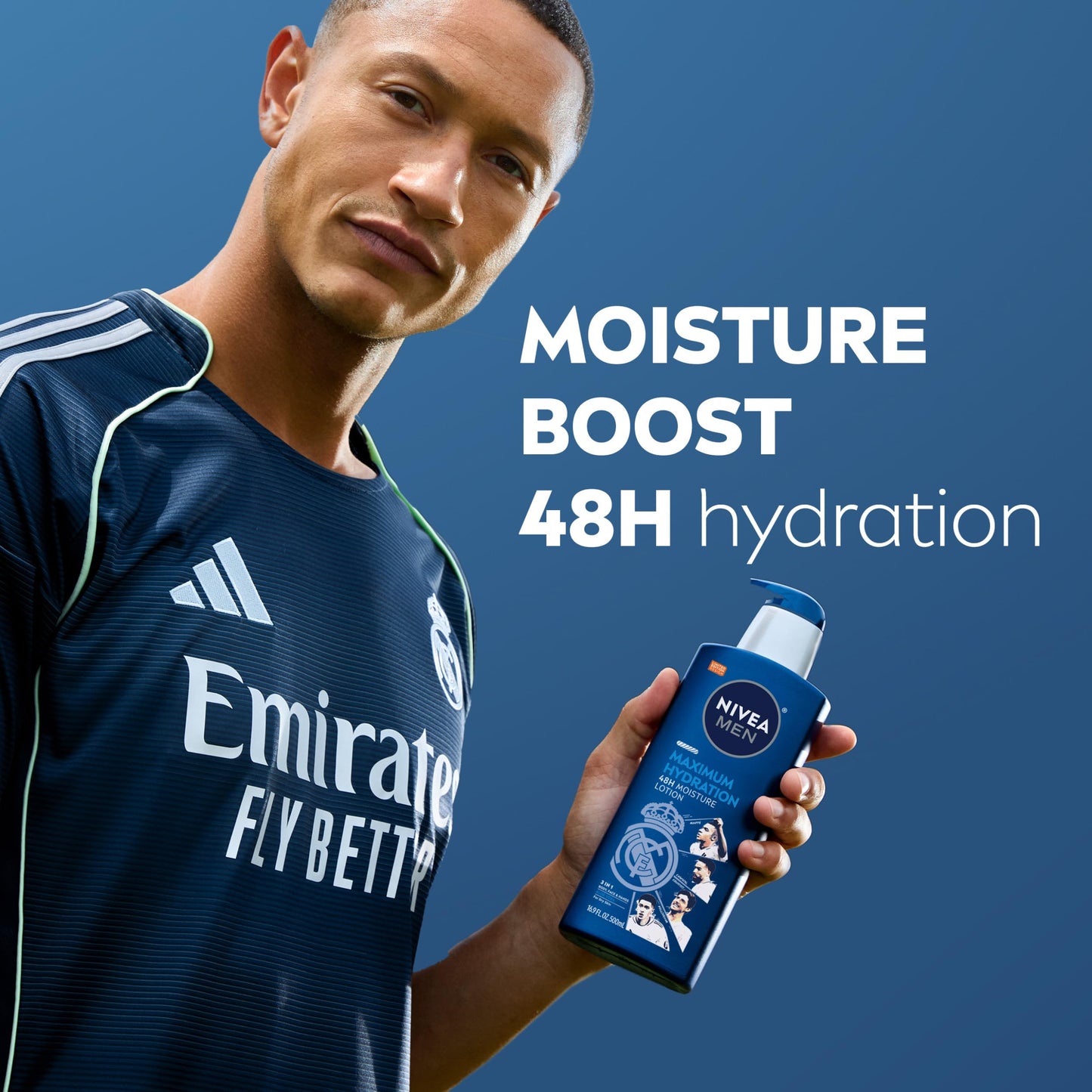 NIVEA MEN Real Madrid Limited Edition Design Maximum Hydration 48-Hour Moisture Body Lotion for Dry Skin, Aloe Vera Lotion for Men, 3-in-1 Body, Face